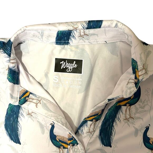 Waggle Peacock Print Golf Polo Small Stretch Performance Top - Picture 3 of 9